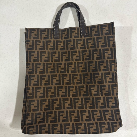 Fendi Handbags - FENDI Zucca Tote FF Monogram Brown Vertical Canvas Satchel Bag Authentic